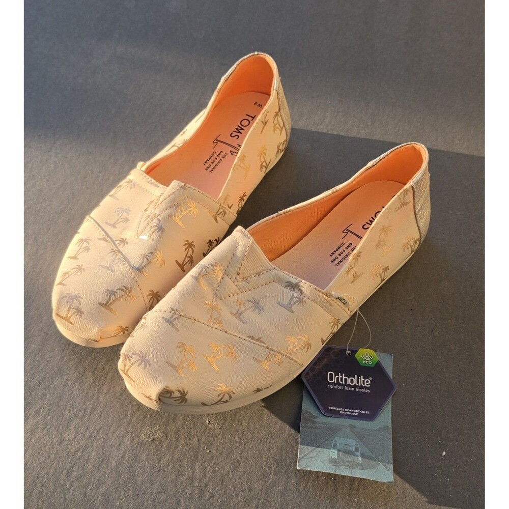 TOMS Womens Size 9 Alpargata Classic Slip On Apricot Shimmer Palm Tree Shoes NWT